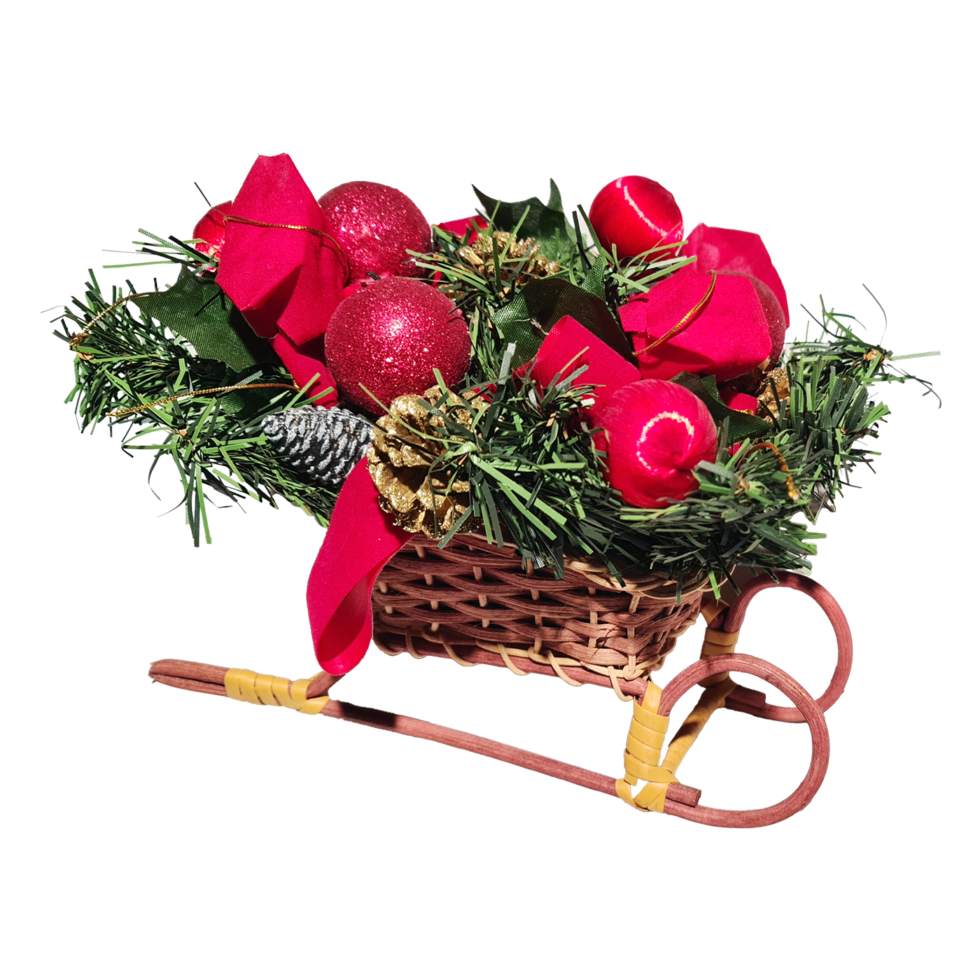 Декор сани с елками и красными шарами